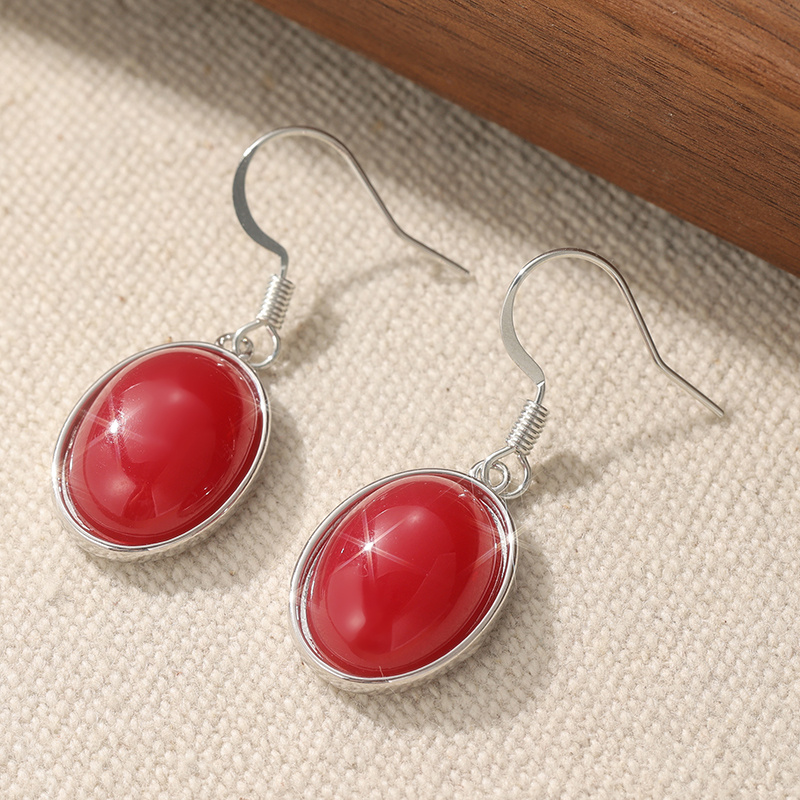 Women's Retro Elegant K Plated Red Oval Earrings, Wedding Gift